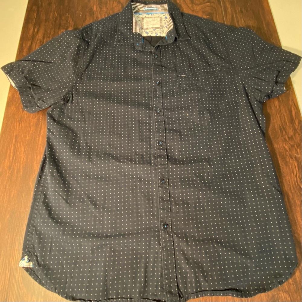 Denim & Flower Men Button Up Shirt Medium Blue Polka Dots Slim Fit Men’s